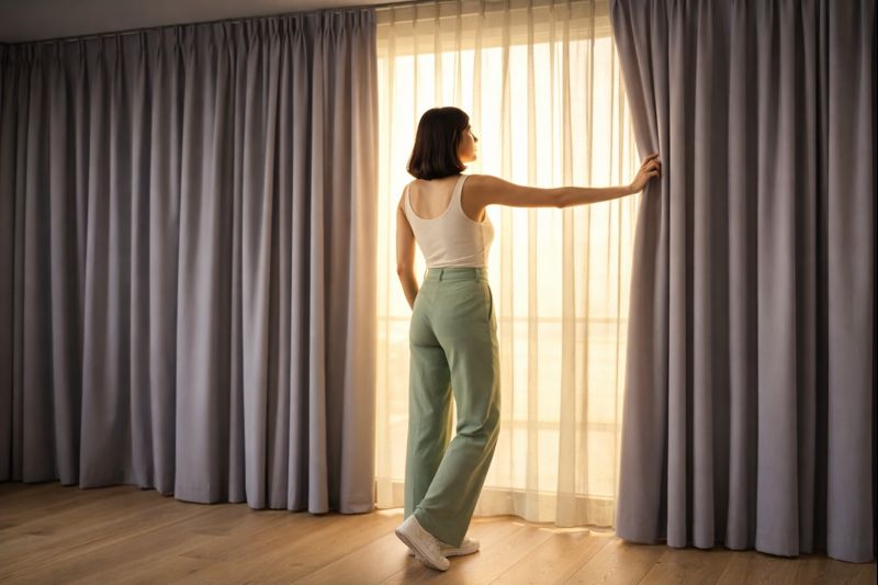 Frau öffnet grauen Verduklungsvorhang