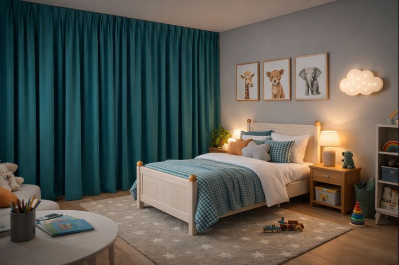 Verdunklungsvorhang, petrolfarbig, im Kinderzimmer