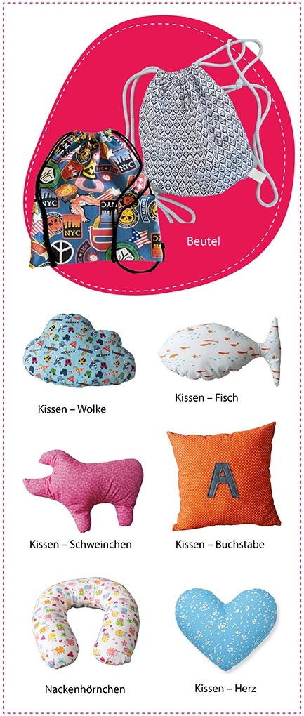 Nähprojekte Kindergeburtstag, verschiedene Kissen. 